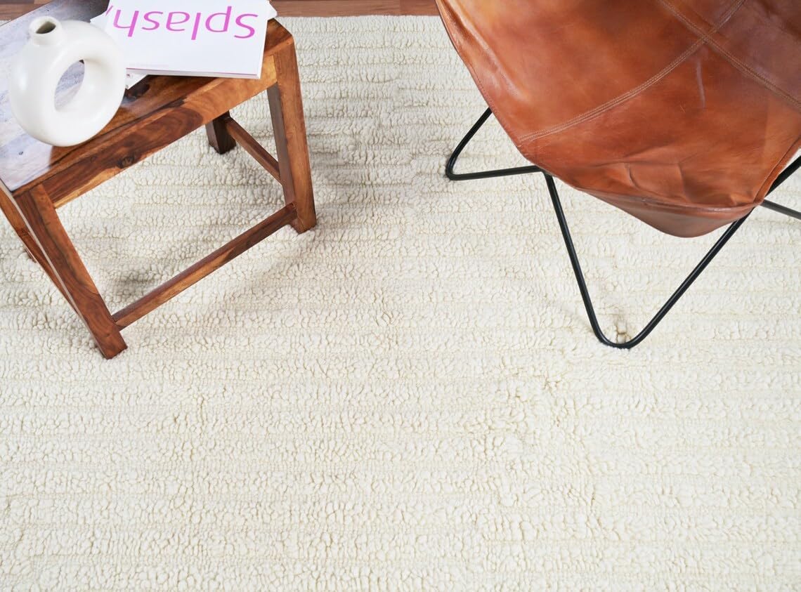 Hand Woven Ivory Wool Rectangular Subtle Textured Minimal Living Room Area Rug 54 Pounds 8.0x10.0