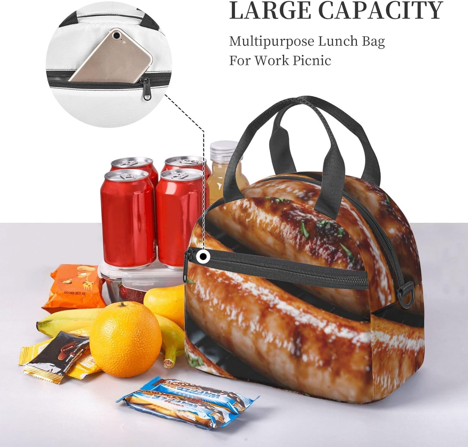 Fast Food Print Reusable Lunch Bag Insulated Lunch Boxes for Office Work Picnic Tote Bag Adjustable