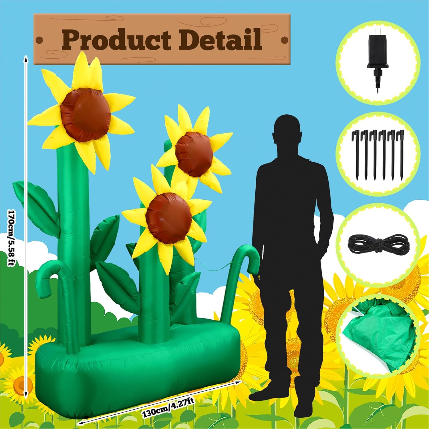 Syhood 6 ft Spring Inflatable Sunflower Outdoor Decoration Large Inflatable Flower LED Blow up Decor for Spring Summer Holiday Outdoor Yard Lawn Party Supplies - Image 3