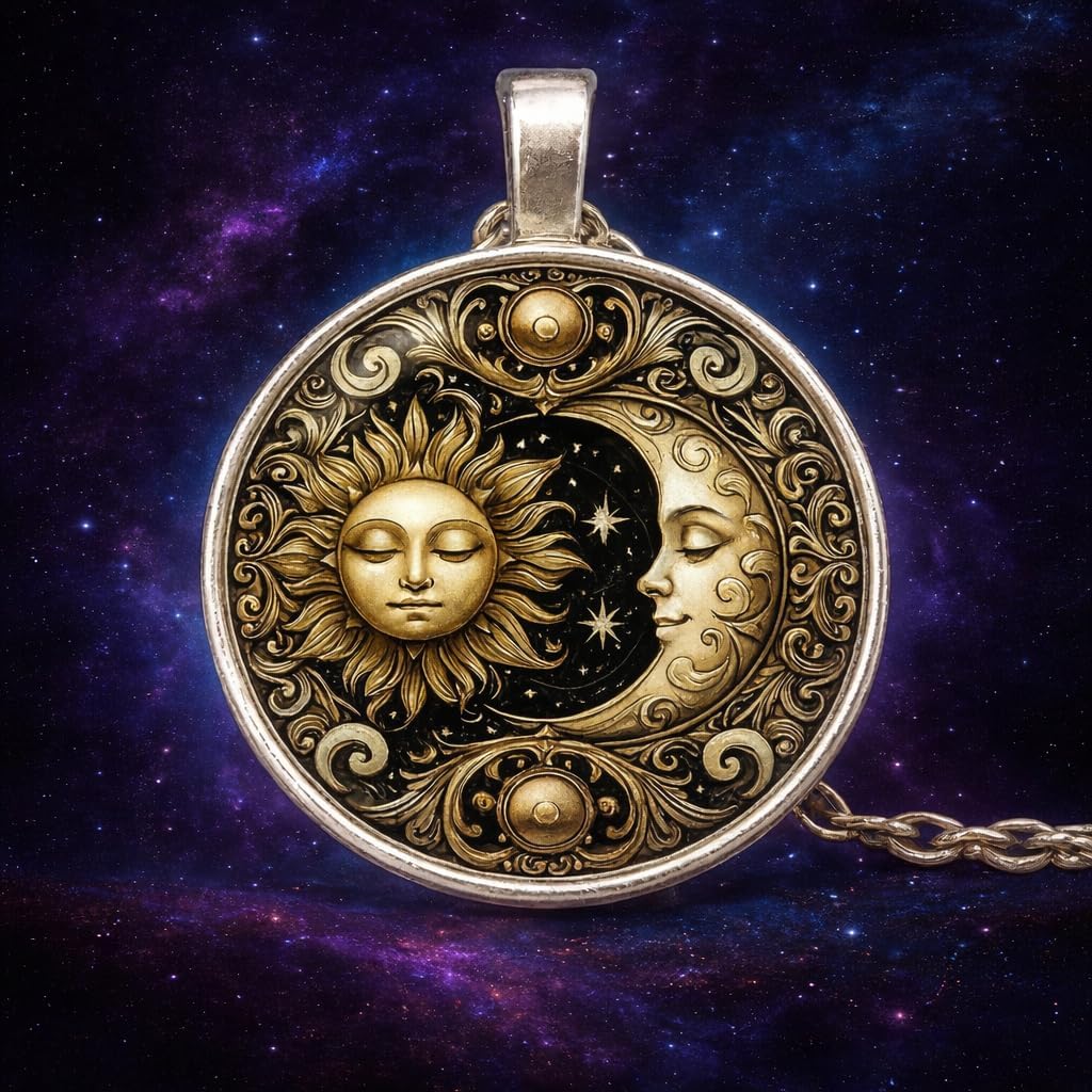 1pc Stunning Round Pendant Necklace - Unique Sun & Moon Pattern, Oil Painting Style Glass Mosaic, Alloy Construction, Trendy Sweater Chain, Fashionable Gift for Women - Christmas or Birthday Gift