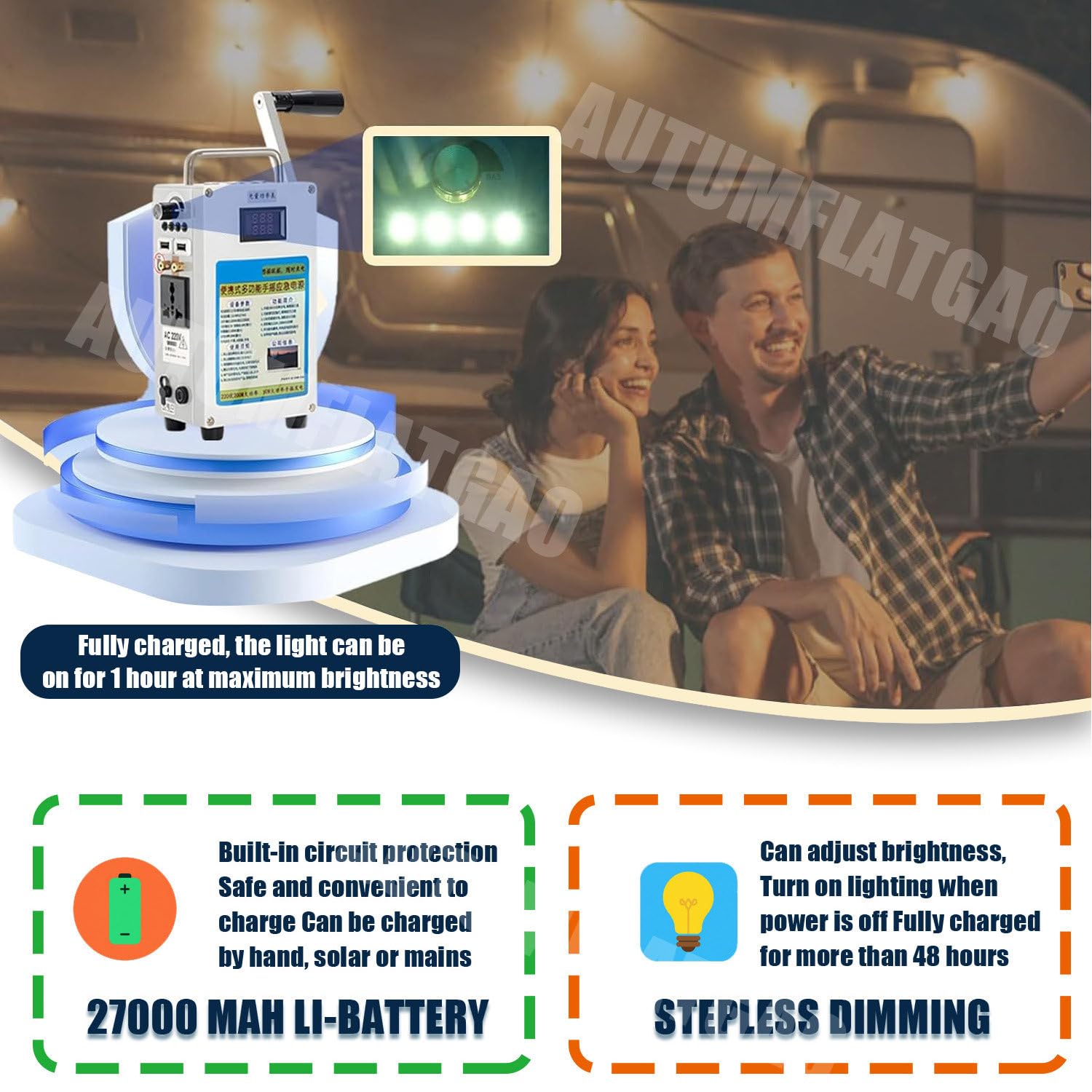 Generatore a Manovella da 160W, Alimentazione di Emergenza Portatile con Ricarica USB/Luce LED, Generatore Corrente Portatile da 27000mah, per Campeggio Domestico All'aperto,110V