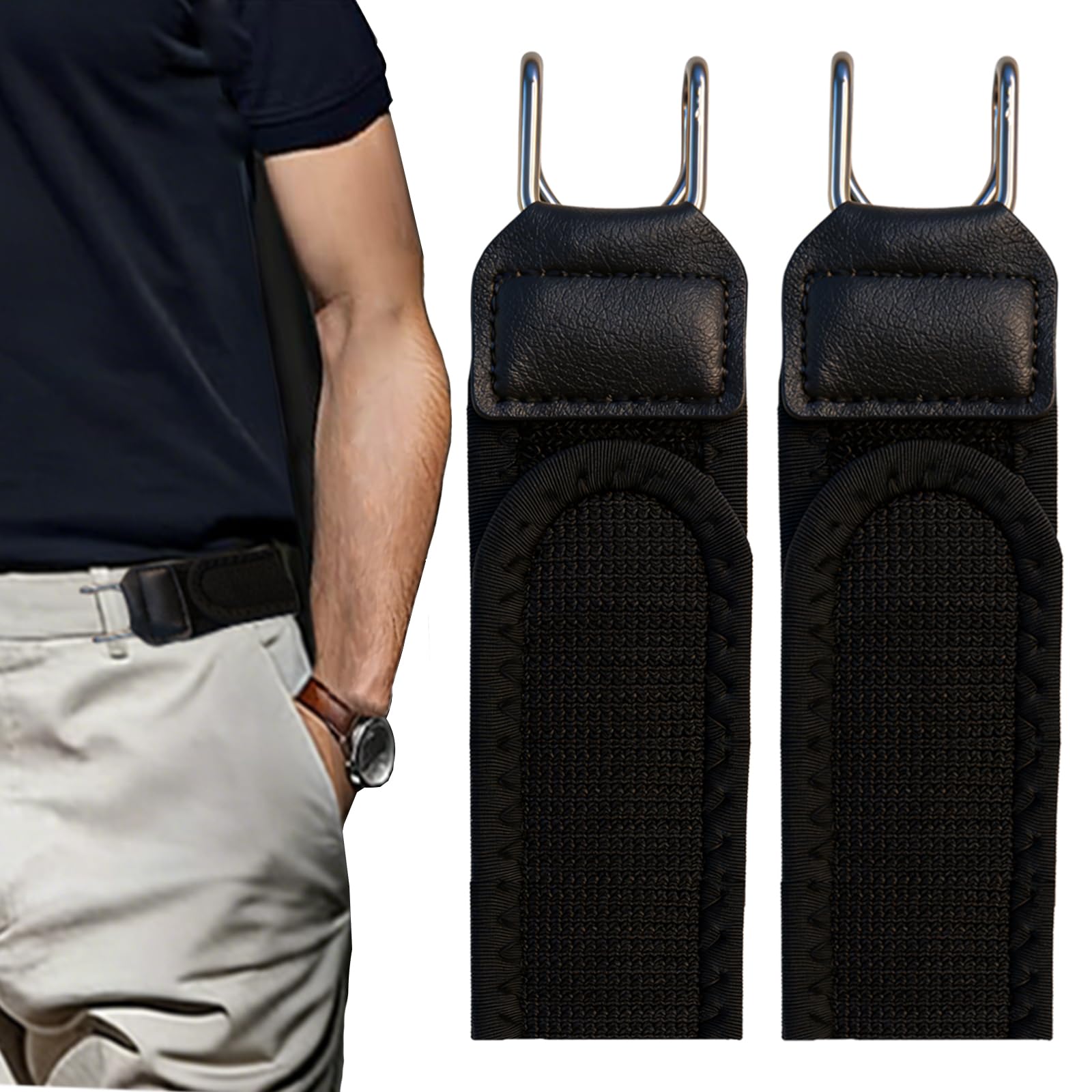 FLYGRRIV Gürtel Ohne Schnalle, Elastischer Schnallenloser Gürtel Herren & Damen, Buckle Less Belt mit Metallhaken, Verstellbar mit Klettverschluss, Komfortabel & Einfach zu Bedienen (2 Stück-Schwarz)