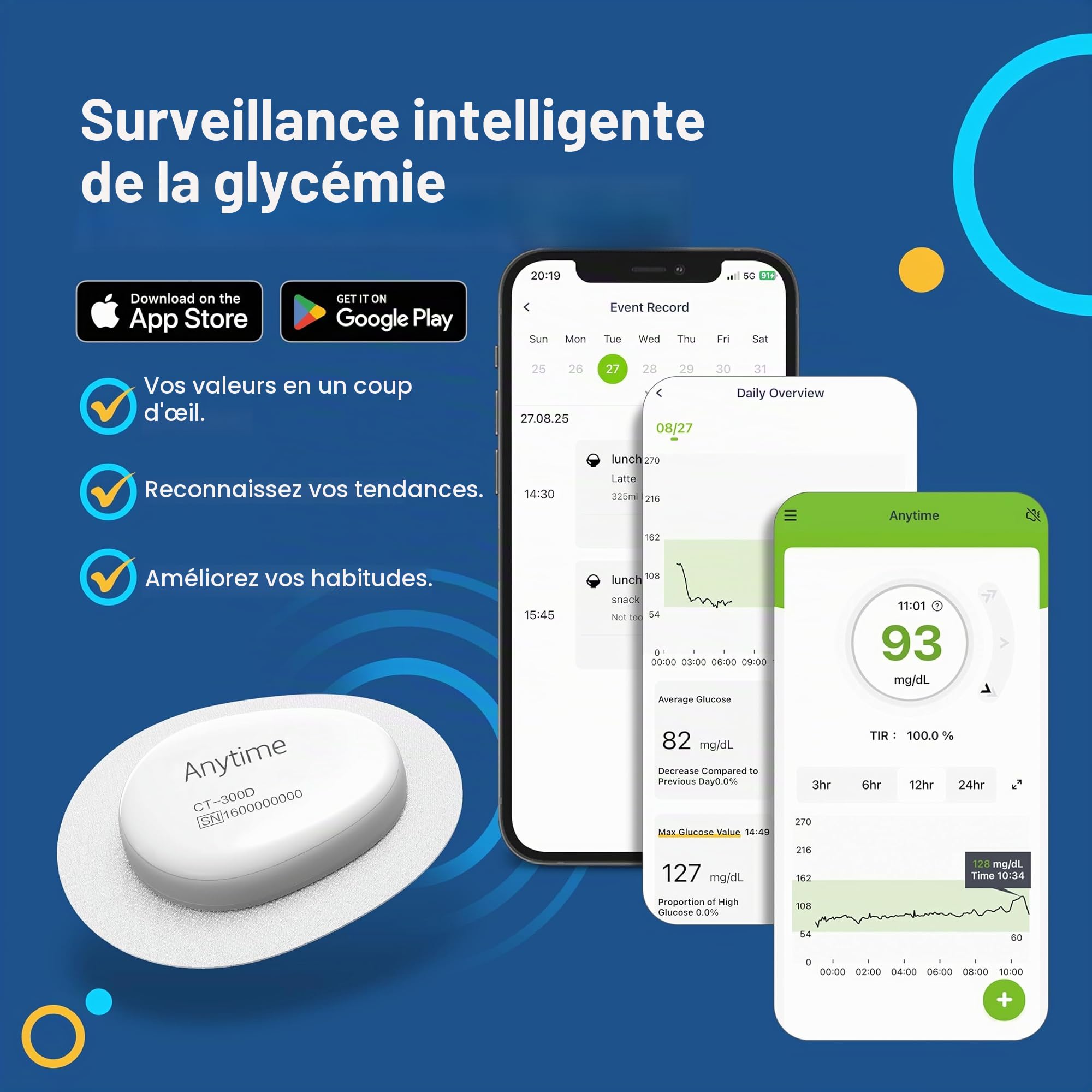 Système CGM de Suivi du Glucose – Transmetteur avec 1 Capteur, Utilisation jusqu’à 14 Jours, Alertes Intelligentes, Port Confortable, Partage des Données