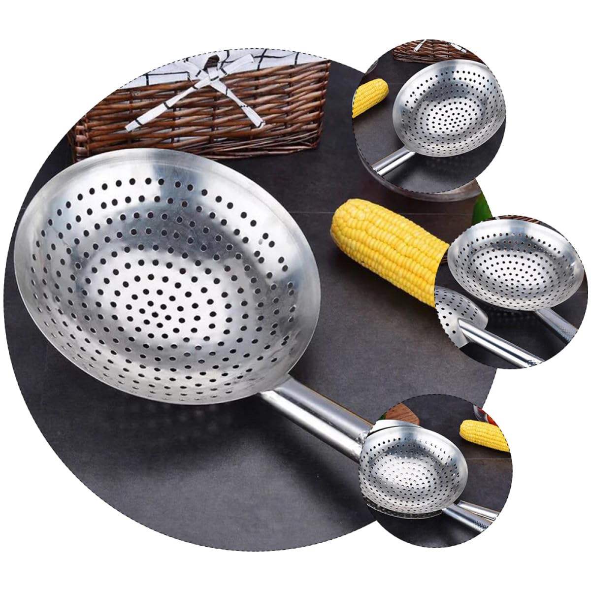 Mestolo Forato Grande in Acciaio Inox, Setaccio Olio Fritto Cucina Casa