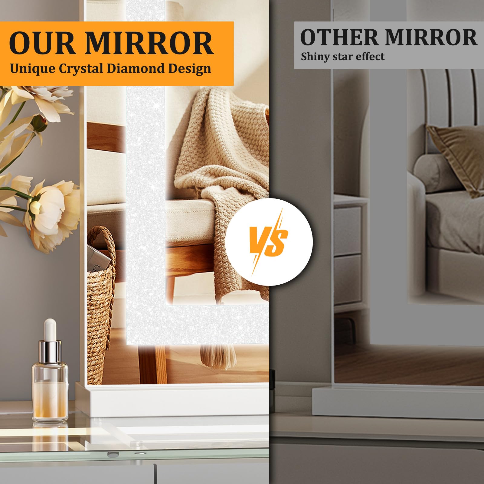 FENCHILIN Miroir de Maquillage avec éclairage Miroir Hollywood avec USB Diamant écrasé Cristal avec éclairage 3 températures de Couleur Verre trempé 58 x 46 cm Blanc
