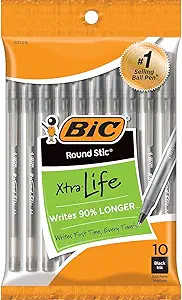 BIC Round Stic Xtra Life Ballpoint Pen, Medium Point (1.0mm), Black, 10-Count
