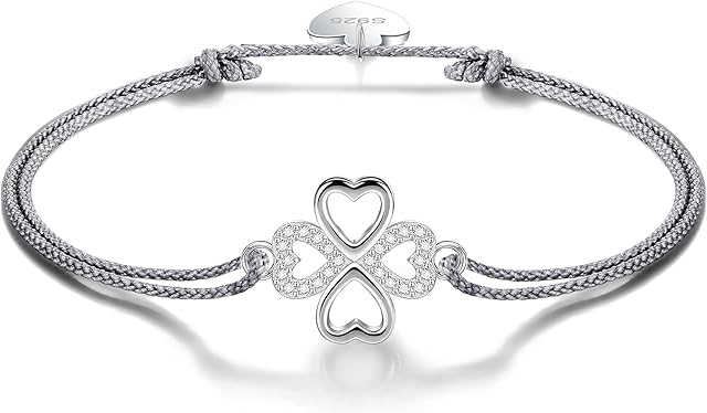 VIWIND Women Bracelet 925 Sterling Silver Lucky Bracelet Four leaf clover Heart Bracelet for Women Cubic Zirconia Adjustable Fashion Bracelet with Jewellery Gifts Box