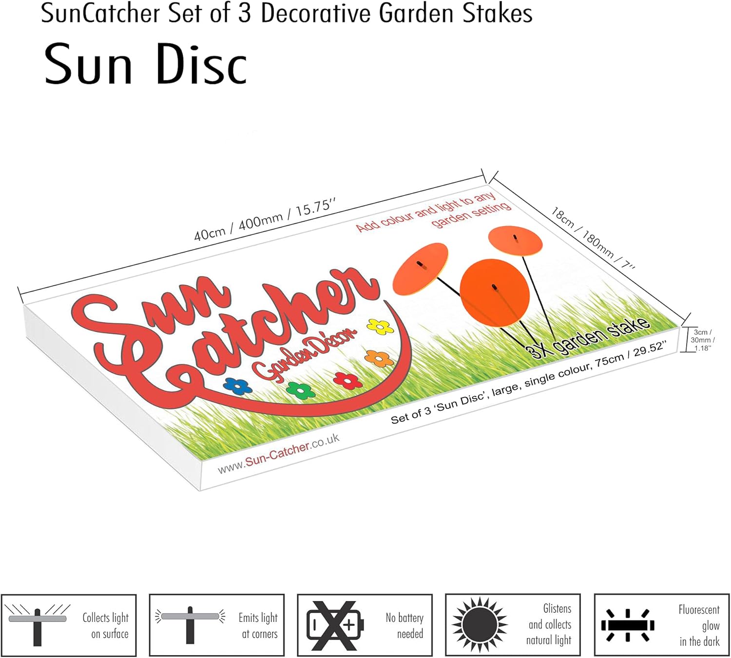 Glowing Sun Discs Set of 3 Sun Catcher Garden Decor Large Garden Stake 75cm, 29.5 inches high Indoor Outdoor Yard Accessory Gardeners Gift, Colour:Fluorescent Orange