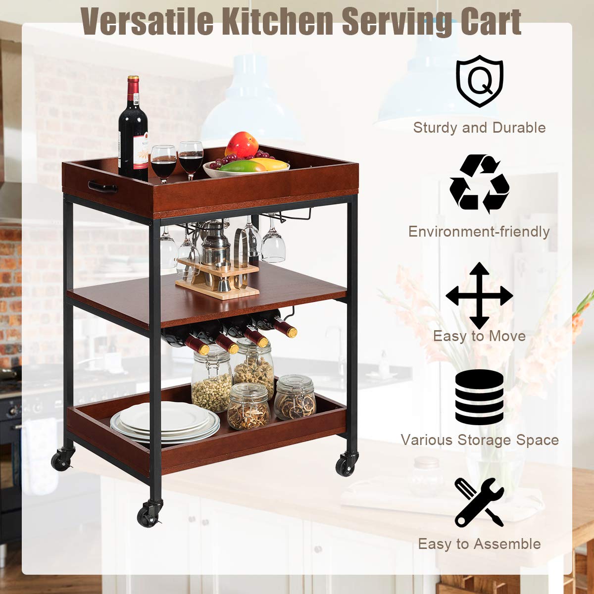 Giantex Kitchen Island Cart Rolling Industrial Style Trolley 3Tier
