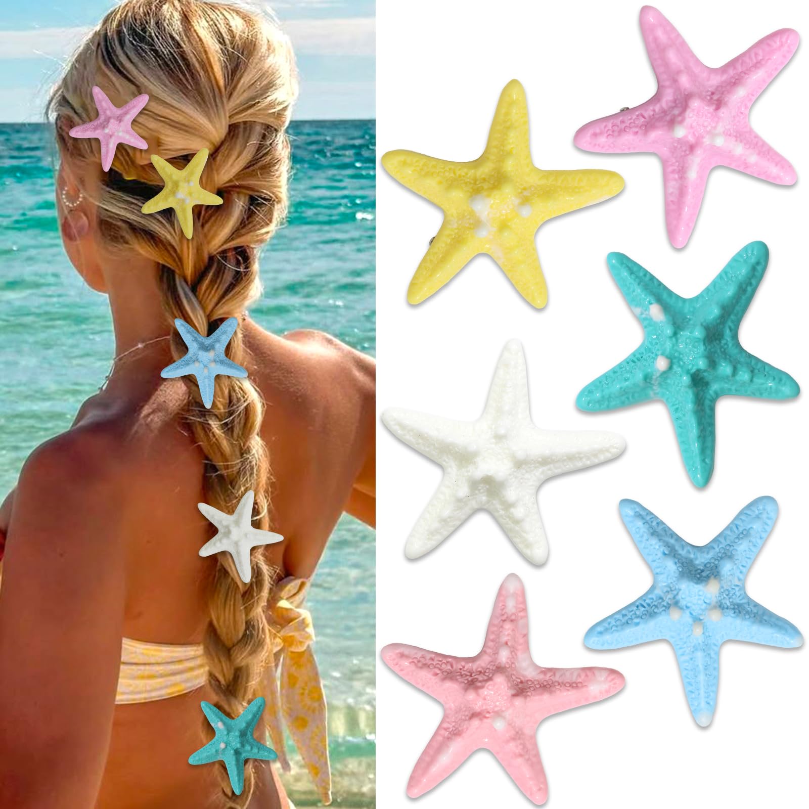 SAWINDA 6Pcs Starfish Hair Clips Pink Blue Sea Star Hair Barrettes Mermaid Beach Hair Clips Christmas 6 Color Seashell Clips for Hair Mermaid Hair