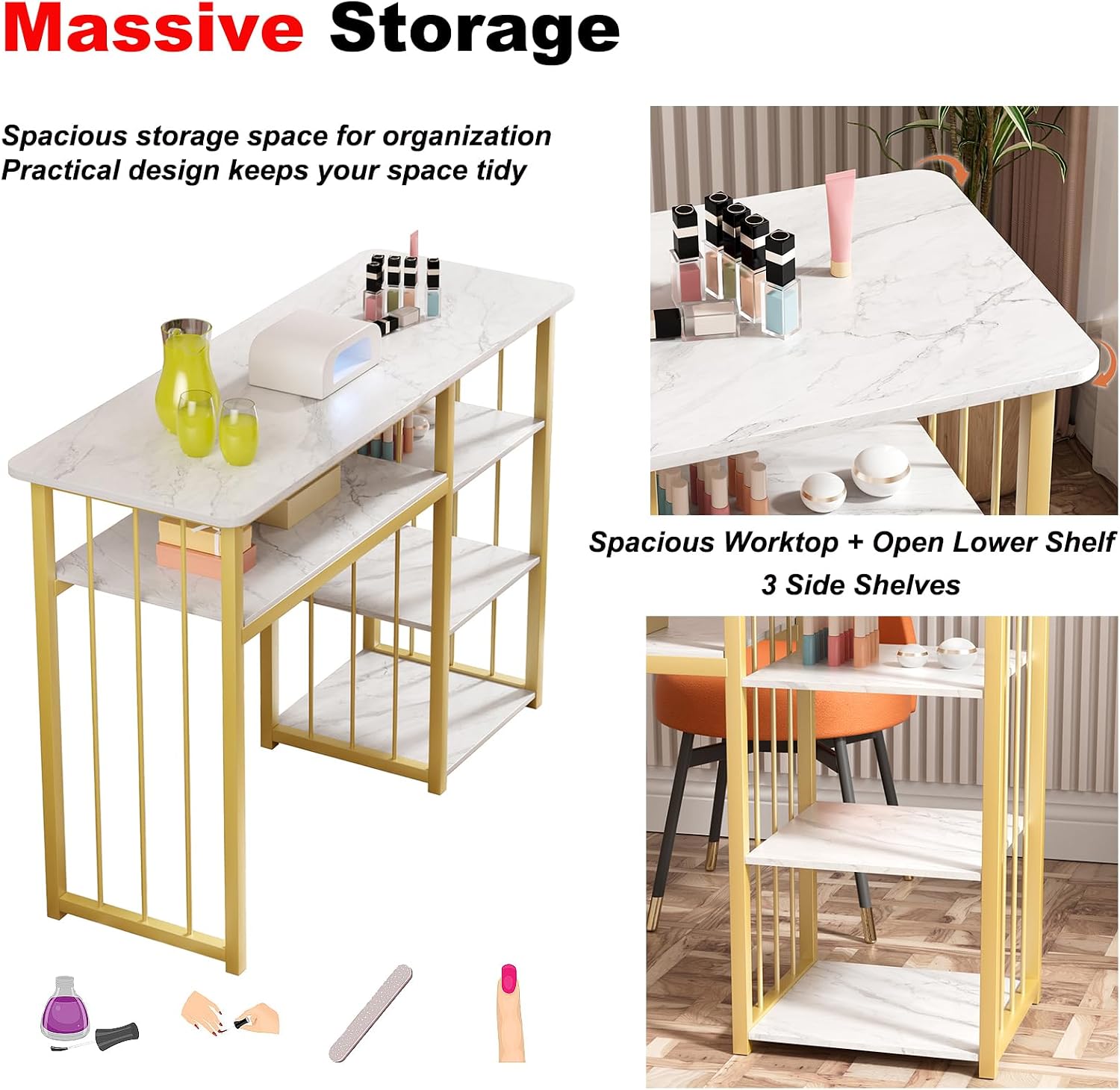 Nail Desk for Nail tech, Manicure Table Nail Technician Station, Marbling Texture Beauty Table with Open Shelves for Beauty Salon Home Spa (White)