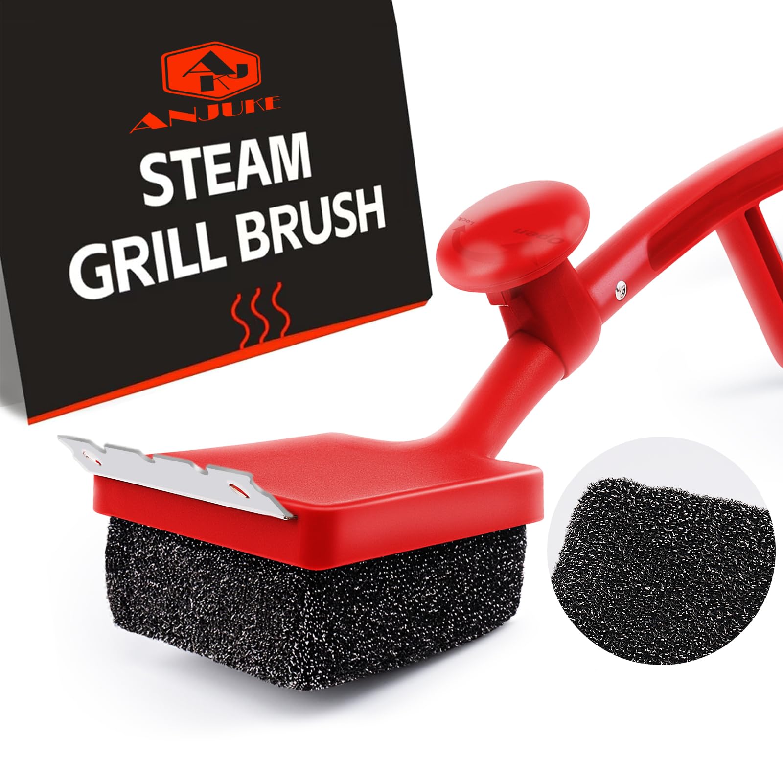 Grillbürste ohne Metallborsten, ANJUKE 4-in-1 Sichere Dampf-Grillbürste für Gussrost mit Edelstahl Spatel und Austauschbar Grillbürstenkopf, für Gasgrill, Holzkohlegrill, Kugelgrill（Rot）