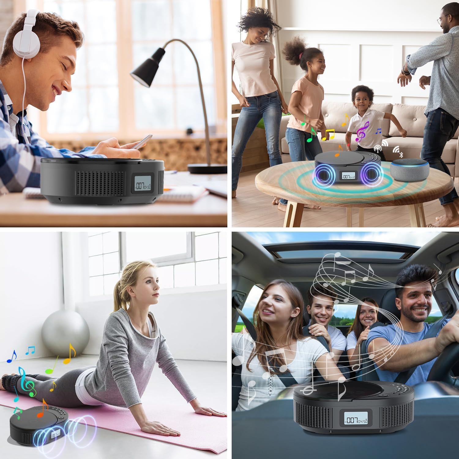 Lecteur CD Monodeal 2 en 1 avec Bluetooth et radio FM, rechargeable, portable, avec haut-parleurs, prise en charge AUX/USB
