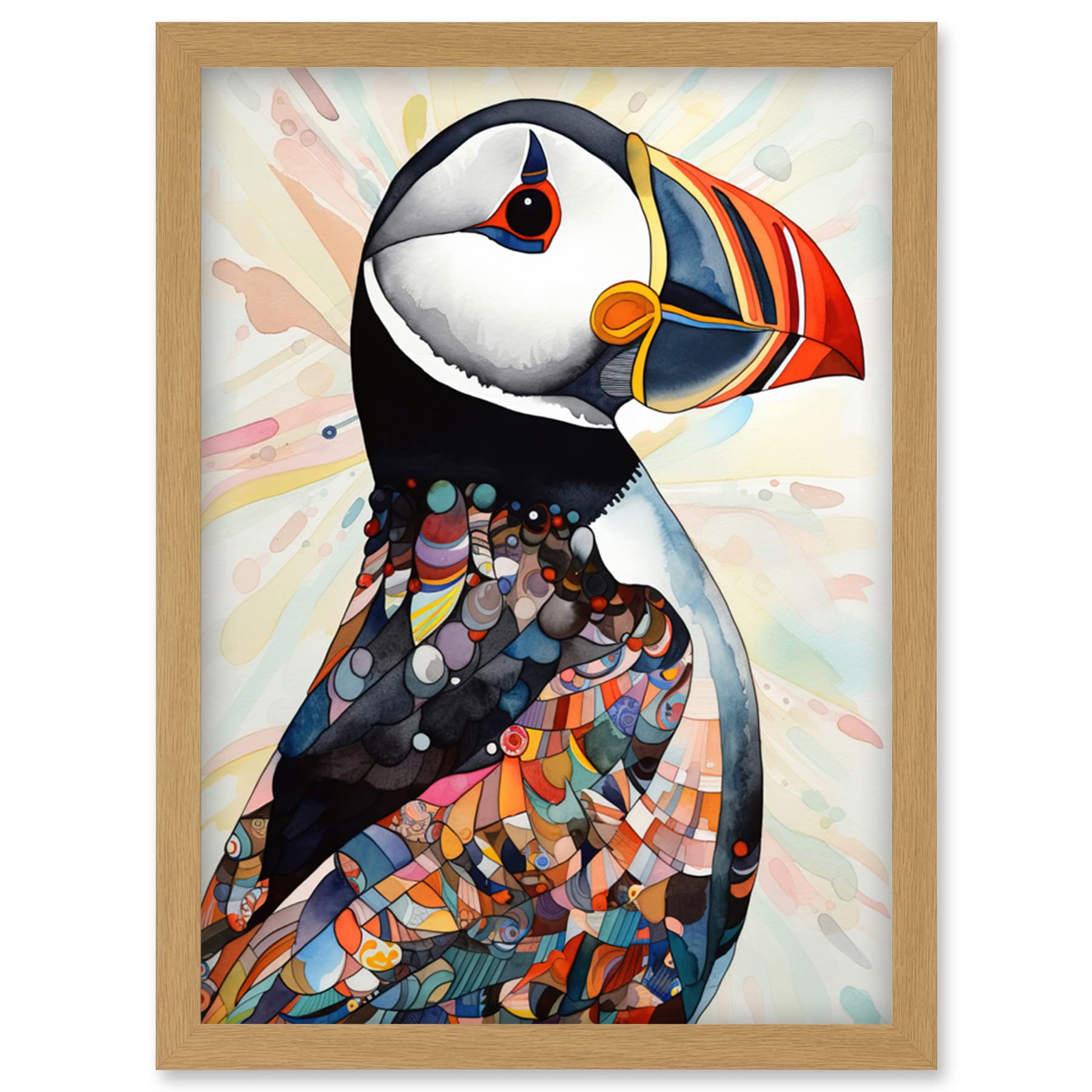 Artery8 Multicolour Pattern Feather Puffin Bird Folk Art Artwork Framed Wall Art Print A4