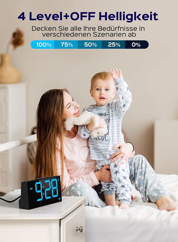 GOLOZA Digitális Ébresztőóra - Nagy Kijelzős LED Óra, USB Töltő, 4 Fényerő, Automatikus Fényerőszabályzás, Szundi Funkció, Kék