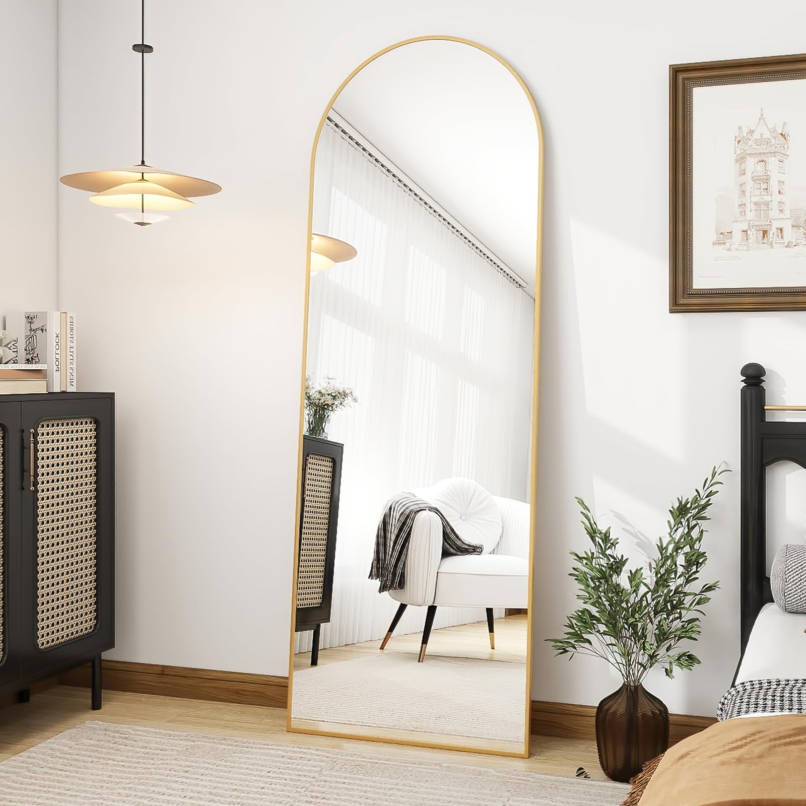 ogcau floor mirror full length, 56"x20" arched-top full body mirror, hanging or leaning, standing, wall mirror with aluminum frame for bedroom living room, gold