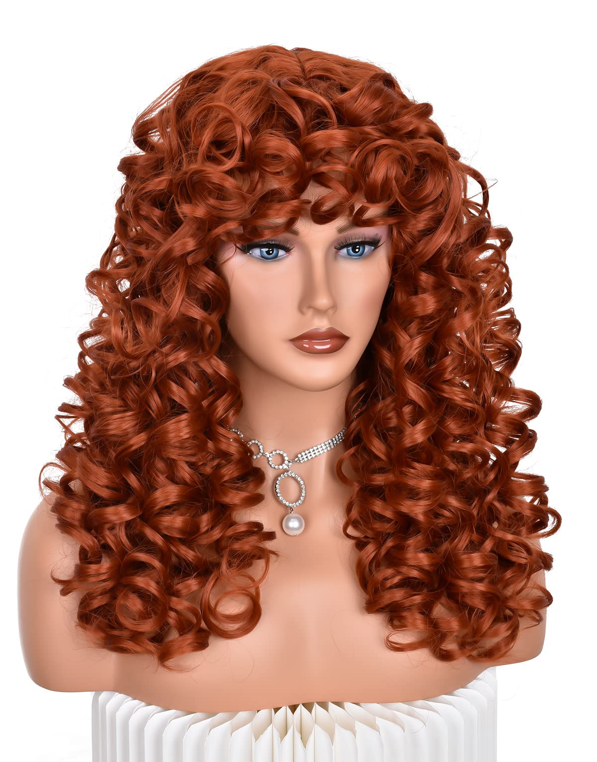 CoCrowns Curly Wig with Bangs for Black Women Long curly Shag Synthetic Hair Wigs Daily Use Cosplay 17 Inch (Ginger) - Image 4