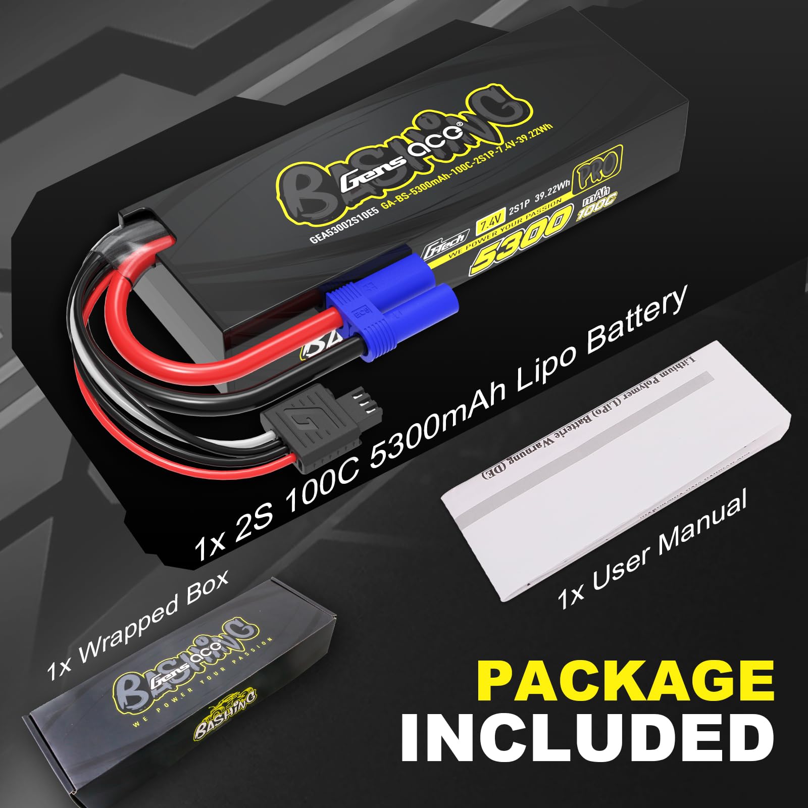 Gens ace 2S LiPo Akku 7,4 V 5300 mAh 100C Hardcase mit EC5-Stecker – Batterie für 1/4 RC Motorräder