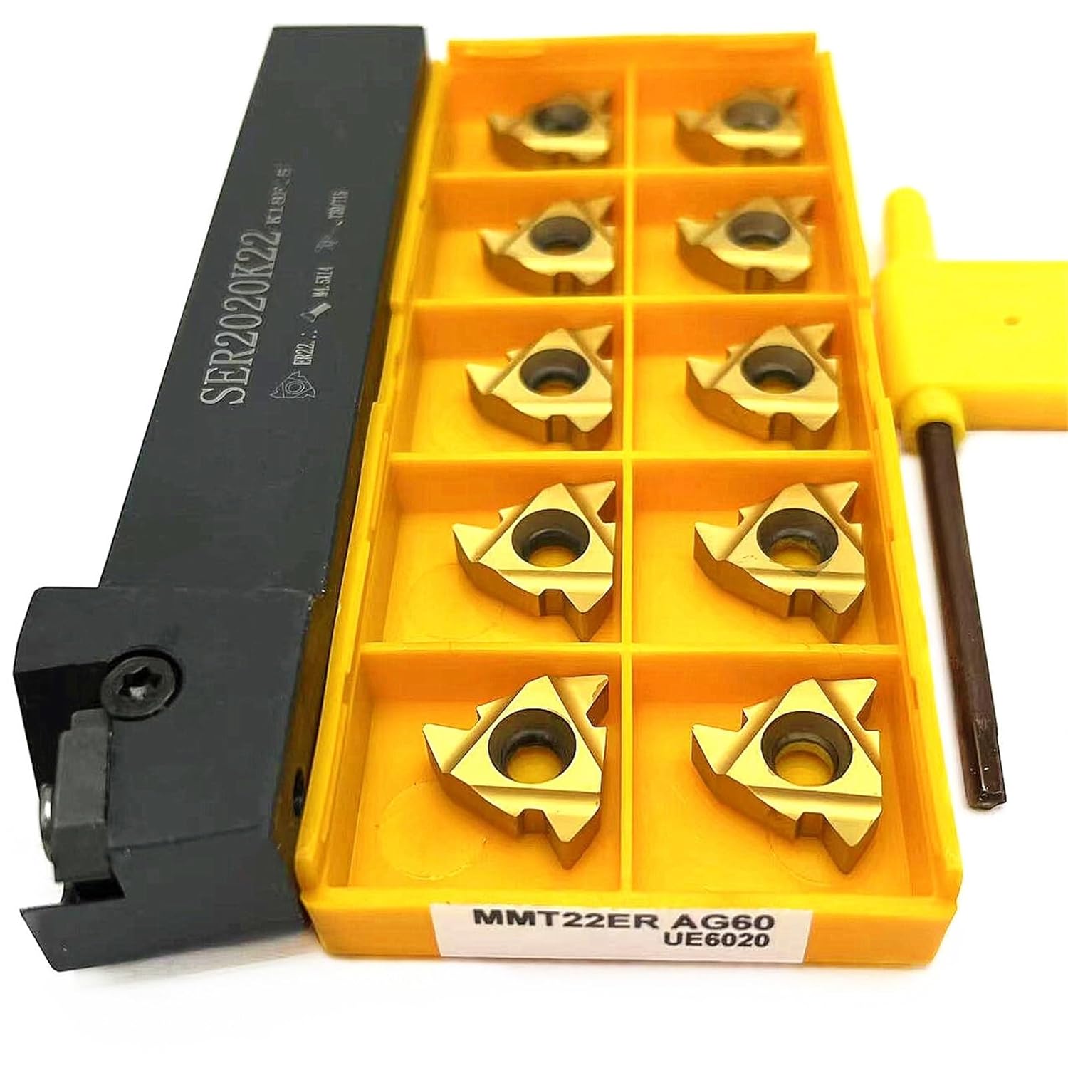 1pcs SER2020K22 SER2525M22 CNC Lathe Threading Turning Tool Set External Thread Turning Tool Holder + 10pcs MMT22ER AG60 Threading Indexable Turning Inserts(MMT22ER AG60 UE6020,SER2020K22)
