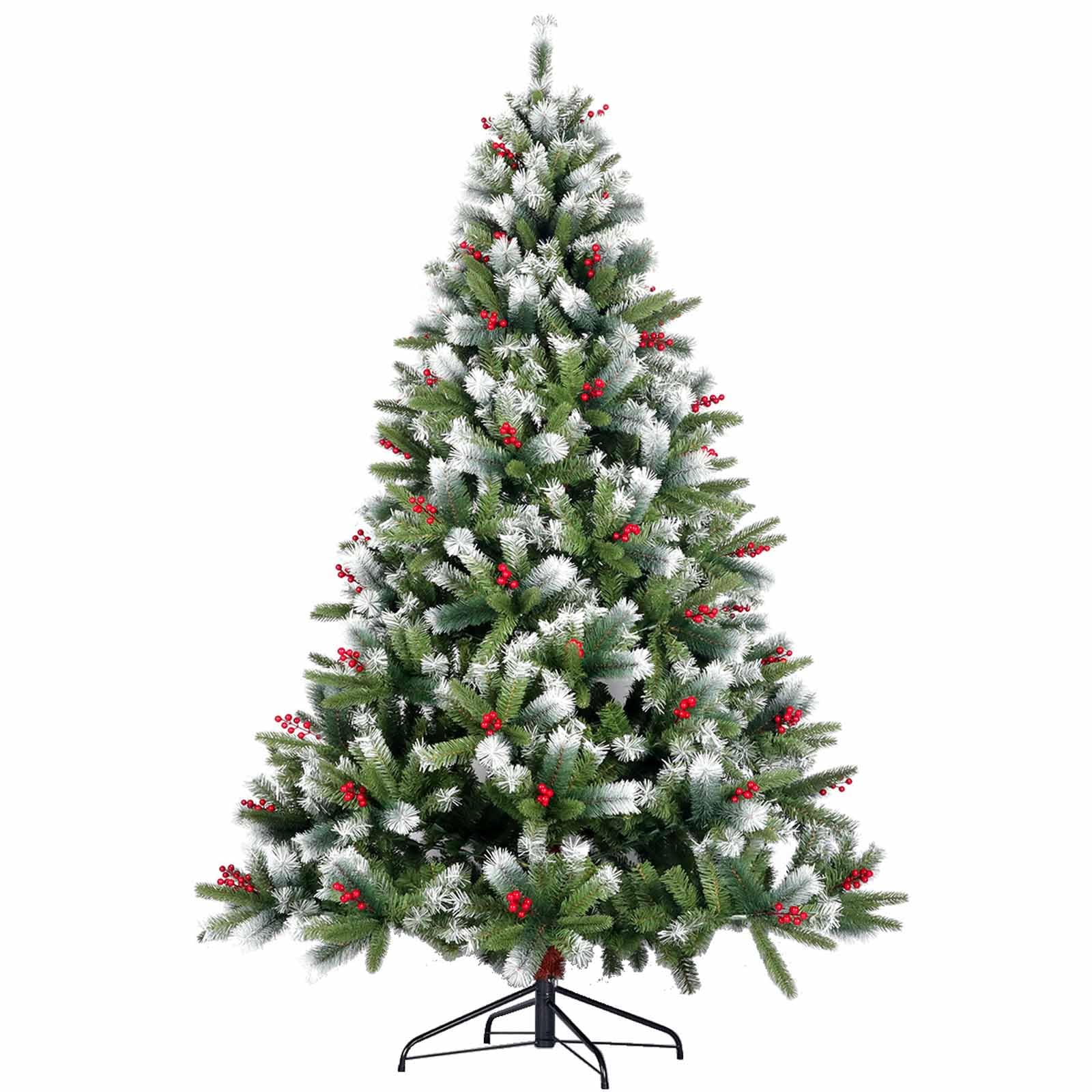 Künstlicher Weihnachtsbaum mit Metallständer, rote Früchte, beflockter Schnee, aufklappbarer Weihnachtsbaum für die Weihnachtsdekoration (1,52 m)