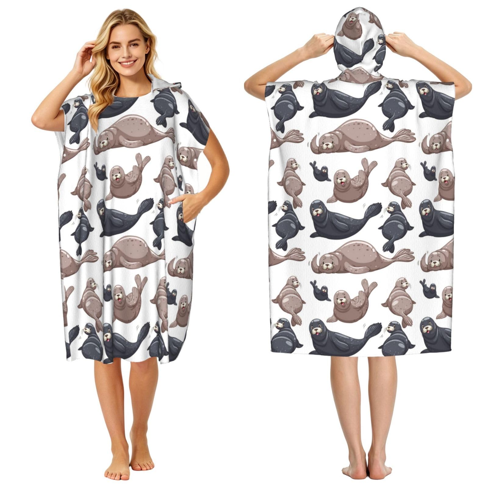Poadnly Seals Illustration Sea Lion, Adult Hooded Beach Towel 90 x 110 cm,Changing Bath Robe, Surf Poncho Towel For Women Men