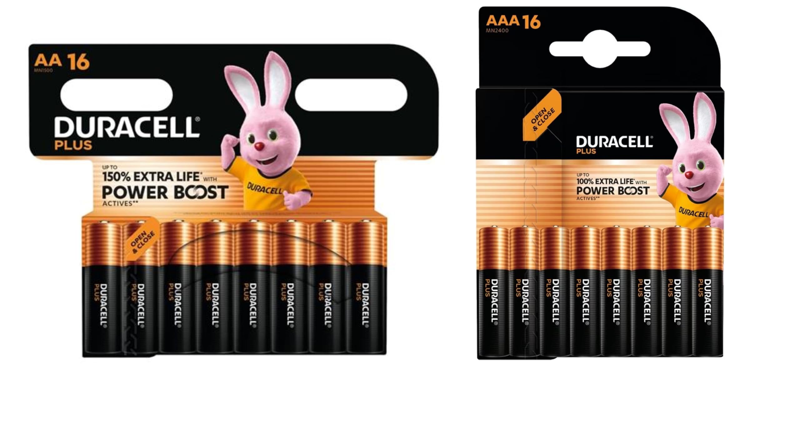 32X Piles Duracell AA + AAA Plus Power Boost (1 Blister de 16 Piles AA 150% Plus Longue + 1 Blister de 16 Piles AAA 100% Plus Longue) 32 Piles (LR6/MN1500 + LR03/MN2400)