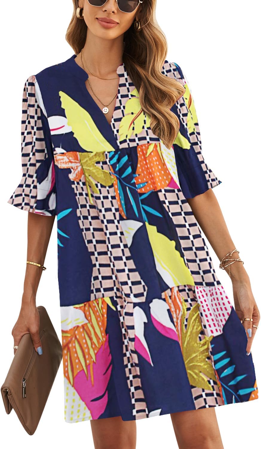 QACOHU Summer Dresses for Women V Neck Ruffle Short Sleeve Casual Shift Dress - Image 2