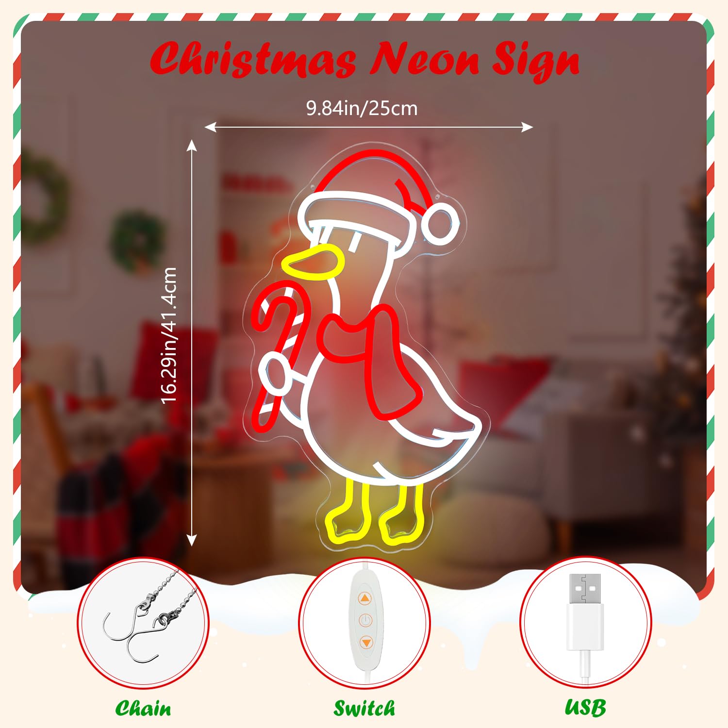 Letrero de neón de ganso de Navidad, letrero de luz de neón para dormitorio, habitación de niños, porche, alimentado por USB, letrero LED de Feliz Navidad, decoración de pared de neón