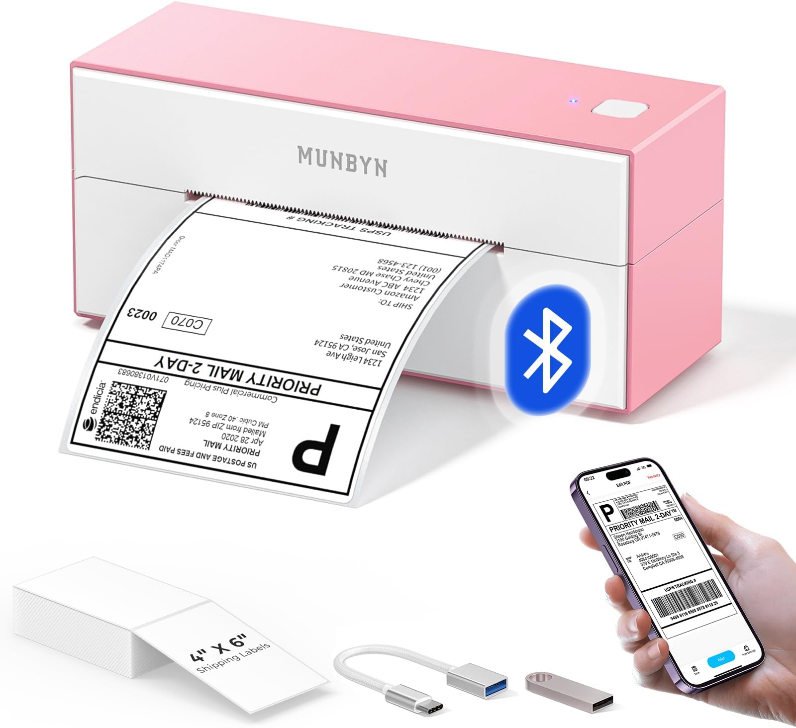MUNBYN Bluetooth Thermal Label Printer, 4x6 Shipping Label Printer for Shipping Packages, Compatible with iOS, Android, PC, Mac, Chrome OS, Etsy, Ebay, Shopify, Amazon, USPS and More