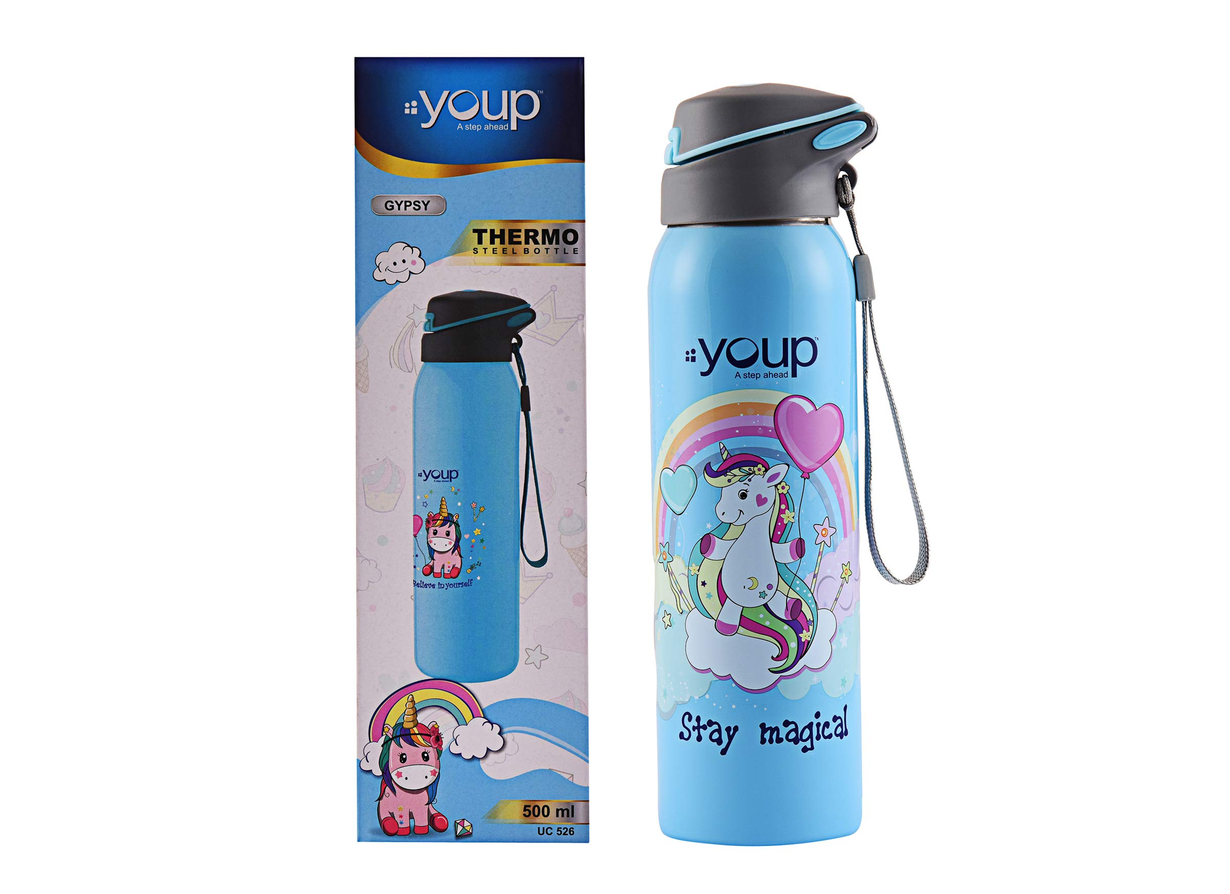 Youp Stainless Steel Sky Blue Color Unicorn Kids Insulated Double Wall Sipper Bottle Gypsy - 500 ml… (Sky Blue)