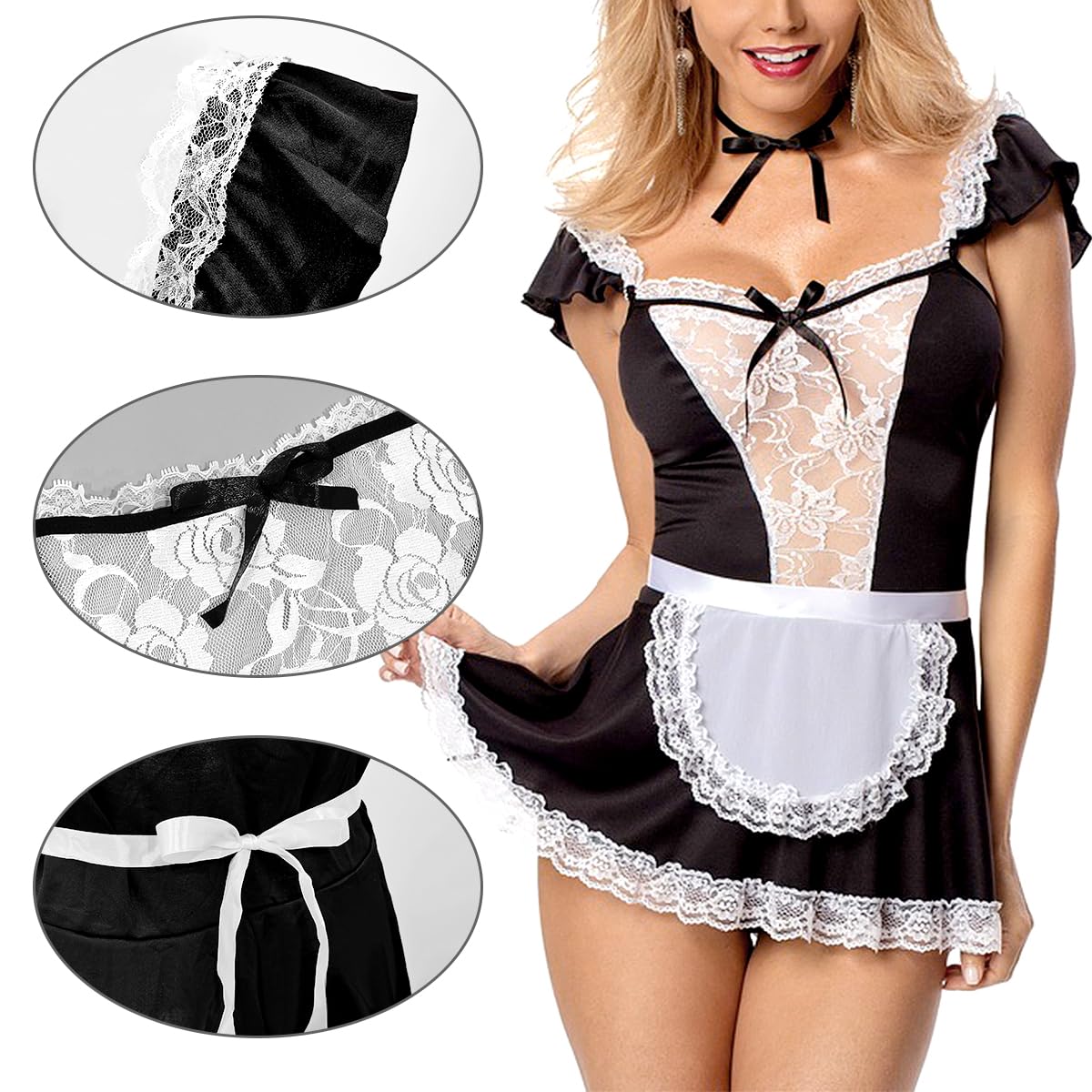 WBDWWTD Damska seksowna bielizna Prześwitująca pokojówka Przebranie na karnawał Francuski Roleplay Uniform Przezroczysta koronkowa przebranie Babydoll Bielizna nocna Strój, niegrzeczna koszula nocna