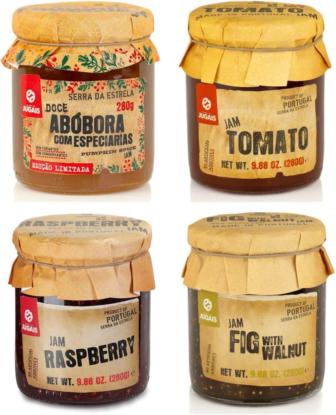 Auswahl verschiedener Marmeladen, Set mit 4 Gläsern à 280 g, exklusive Geschmacksrichtungen: Kürbis mit Gewürzen, Tomate, Himbeere, Feige mit Walnuss, ohne künstliche Zutaten.