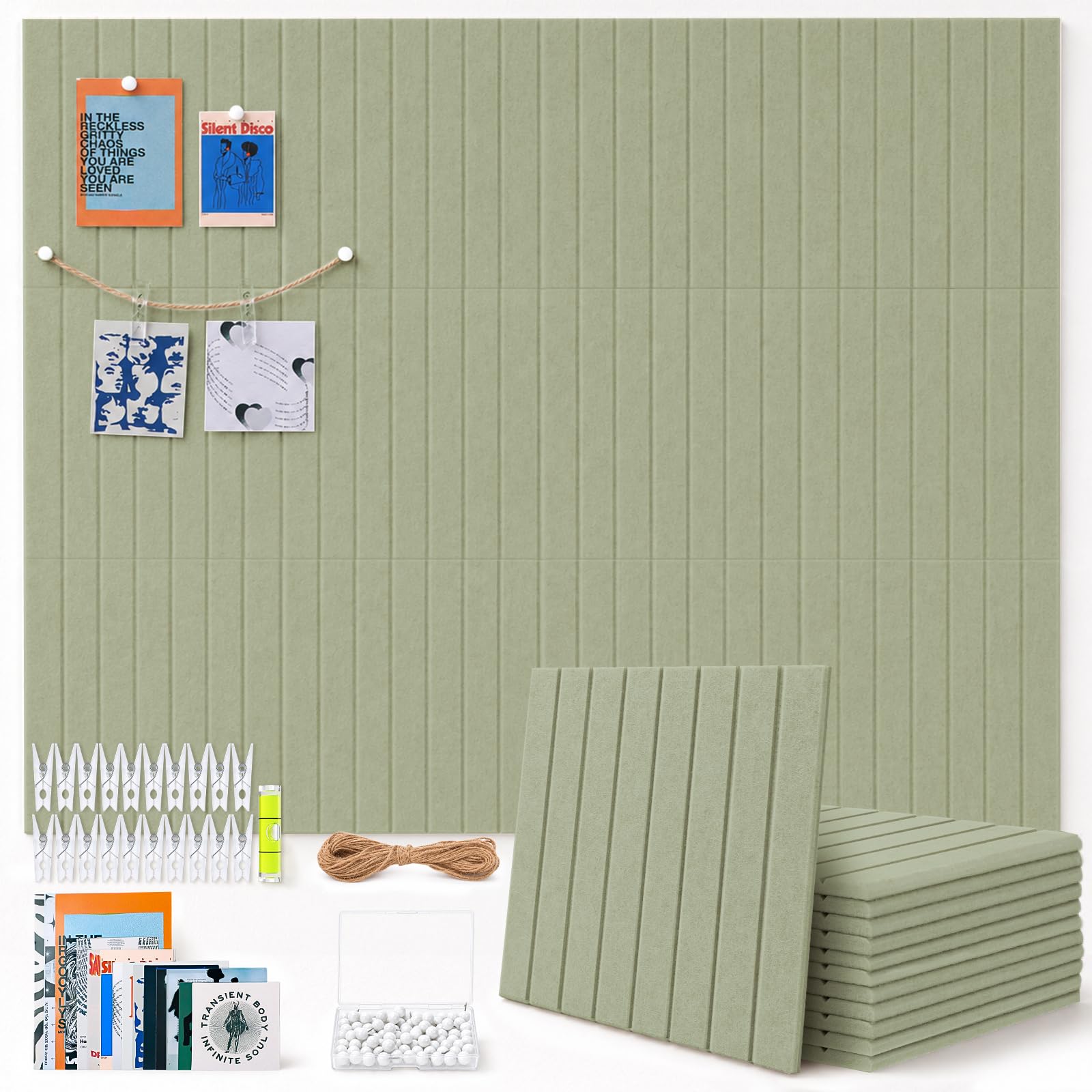 TruuNotion 12 Pcs Felt Pin Board Self Adhesive, 48 x 36 inch Notice Board Tiles 0.9cm Thick Vision Board with 96 Nano Pads, 100 Push Pins, Cork Board Alternative for Office, Kitchen, Home (Sage Green)