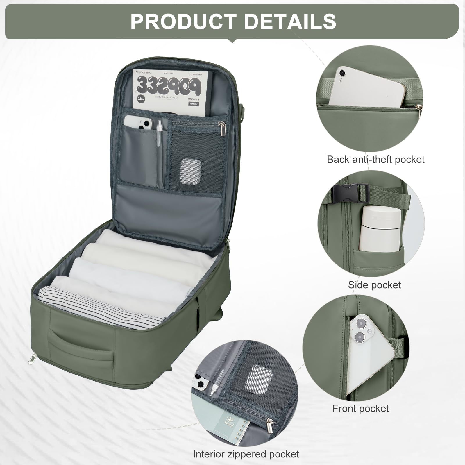 Zaino da Viaggio per Ryanair 40x20x25 Bagaglio a Mano Zaino Borse da Cabina per Ryanair Il Sedile Zaino Aereo Bagaglio a Mano Donna Borsa Cabina Viaggio Zaino Viaggio Casual Daypack,verde militare