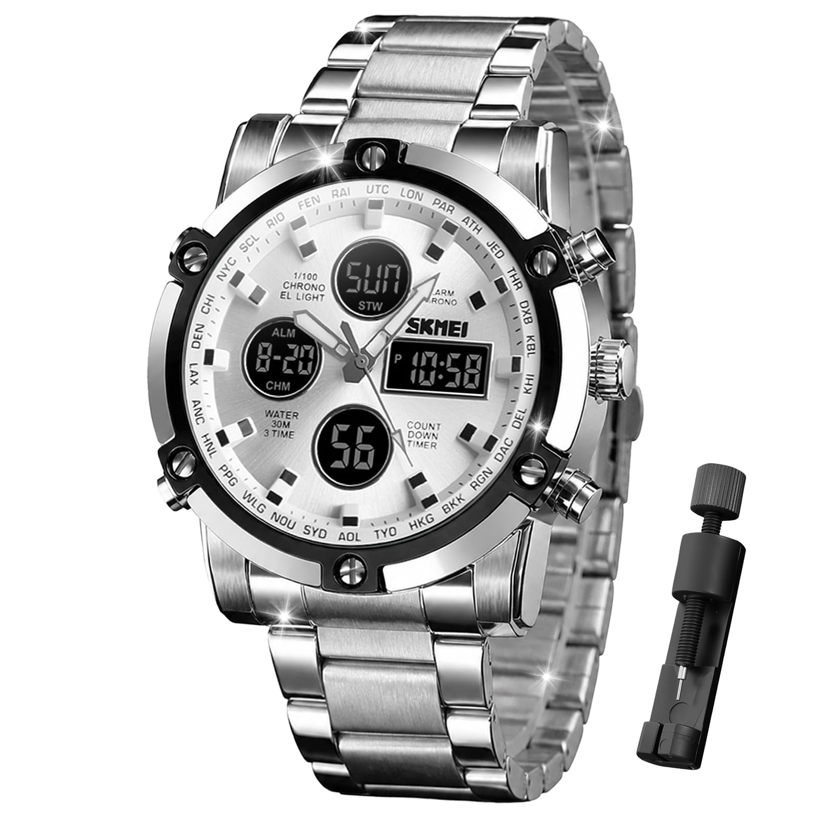 SKMEI Herren-Armbanduhr, wasserdicht, Militär, analog, digital, mit LED, Chronograph, Edelstahl, Business-Uhren für Herren
