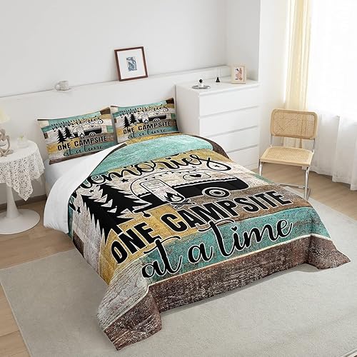 Miniatura 4 de Juego de ropa de cama con temática de cámper, juego de edredón de cabaña de madera marrón y verde, tamaño matrimonial, 3 piezas, decoración de