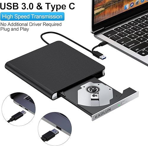 Miniatura 2 de Unidad externa de CD y DVD para laptop, grabadora de CD USB 3.0, unidad de DVD externa, reproductor de DVD portátil para portátil con 4 ranuras USB
