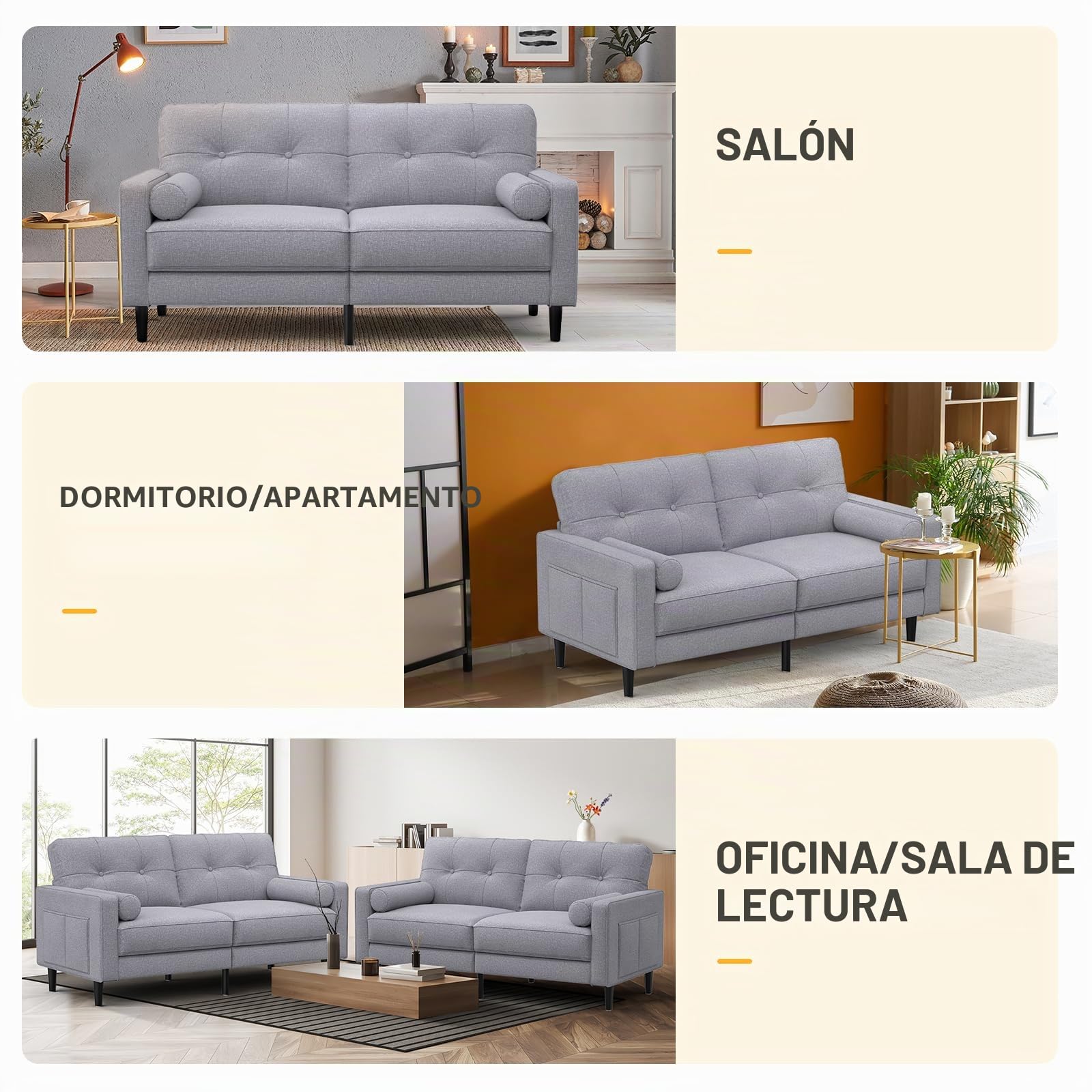 Sofá 2 Plazas, Cojines Gruesos, 2 Bolsillos (Gris Ceniza) | Cómodo Sofá 2 Plazas de Lino con 2 Almohadas, Bolsillos Laterales, Diseño Ergonómico y Fácil Montaje para Salón y Oficina