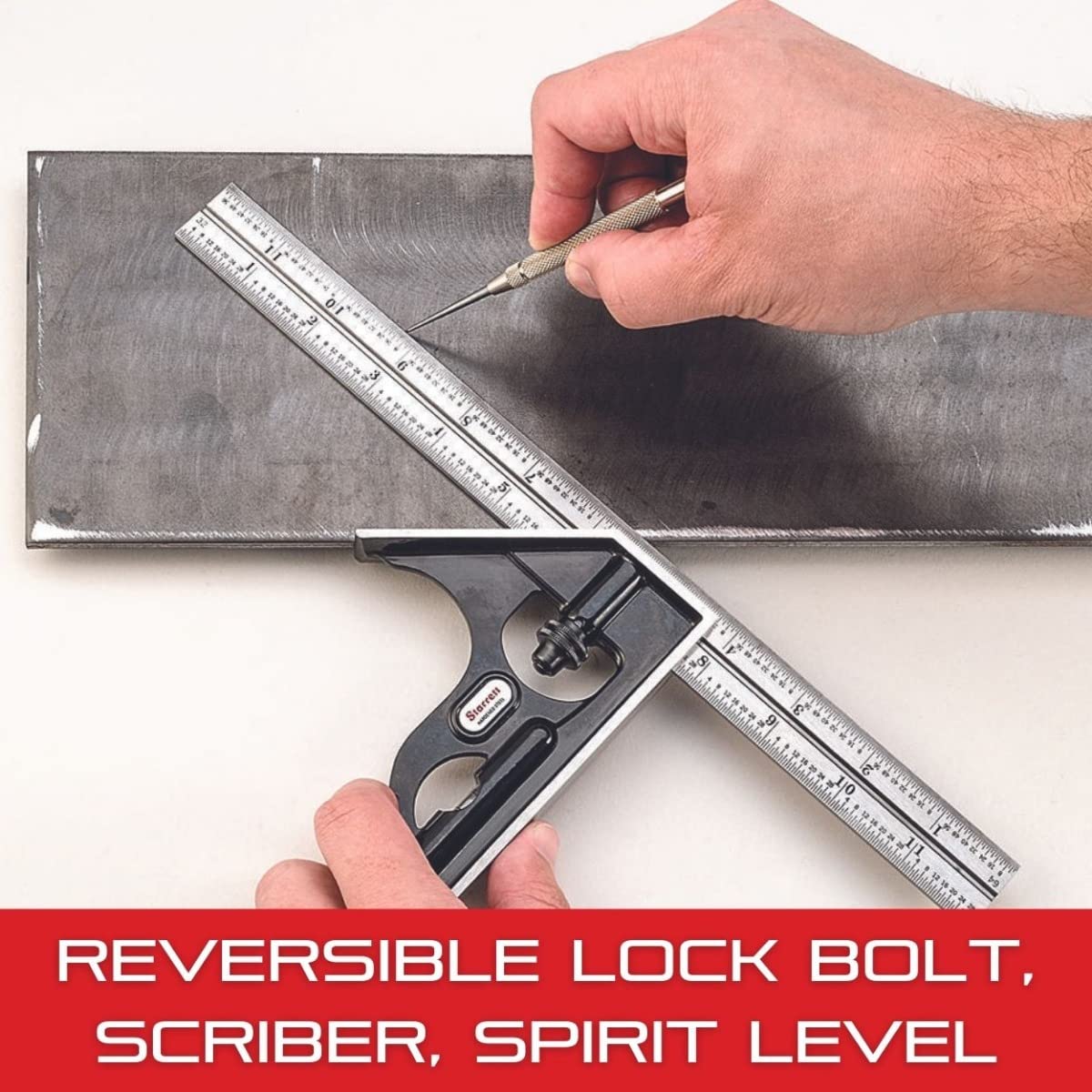 Starrett Steel Combination Square with Square Head - 12" Blade Length, Cast Iron Head, Hardened Steel, Reversible Lock Bolt, Scriber, 4R Graduation Type - C11H-12-4R