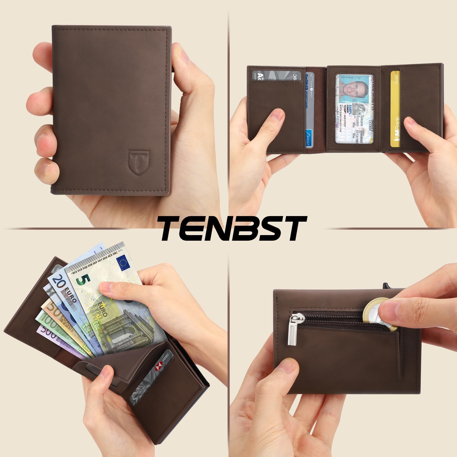 TENBST Portafoglio Uomo Slim, Porta Carte di Credito con Protezione RFID, Porta Tessere con Portamonete e Scomparti Banconote, Portafoglio in Pelle, Box Regalo