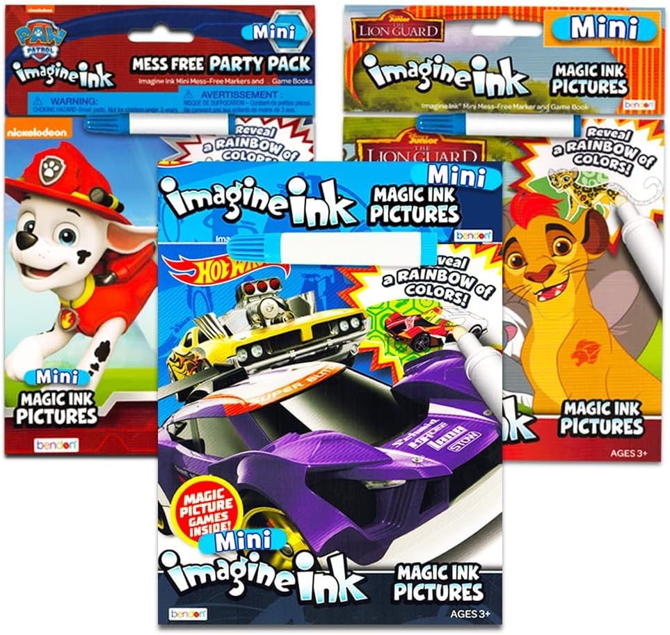 Imagine Ink Coloring Book Super Set - 3 No Mess Activity Books Featuring Paw Patrol, Lion King Lion Guard, and Hot Wheels Race Cars with Stickers