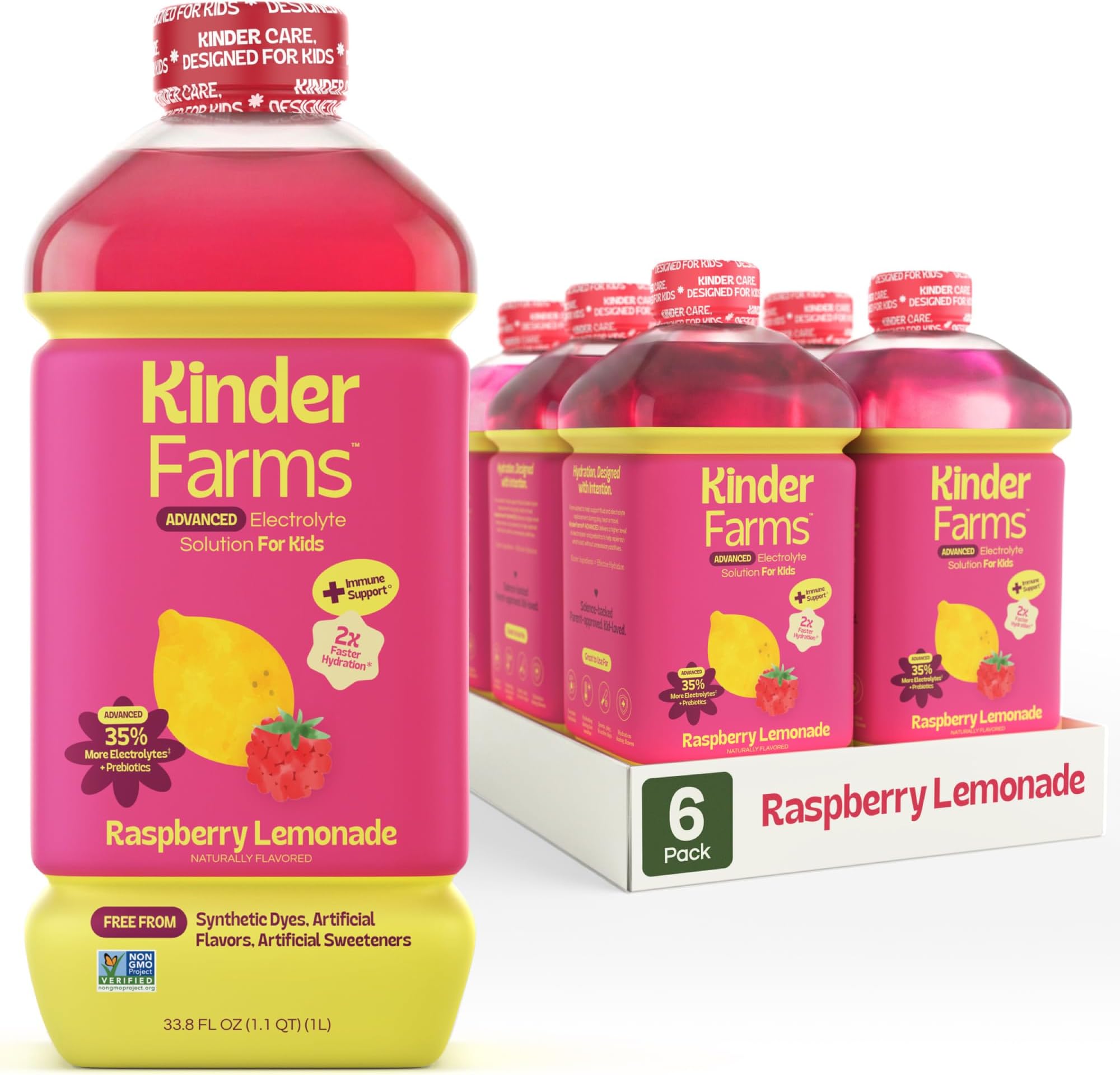 KinderFarms Advanced Electrolyte Solution, 2X Faster Hydration vs. Water Alone, No Artificial Sweeteners or Flavors, No Synthetic Dyes, Raspberry Lemonade, for Kids and Adults, 33.8 fl oz (Pack of 6)