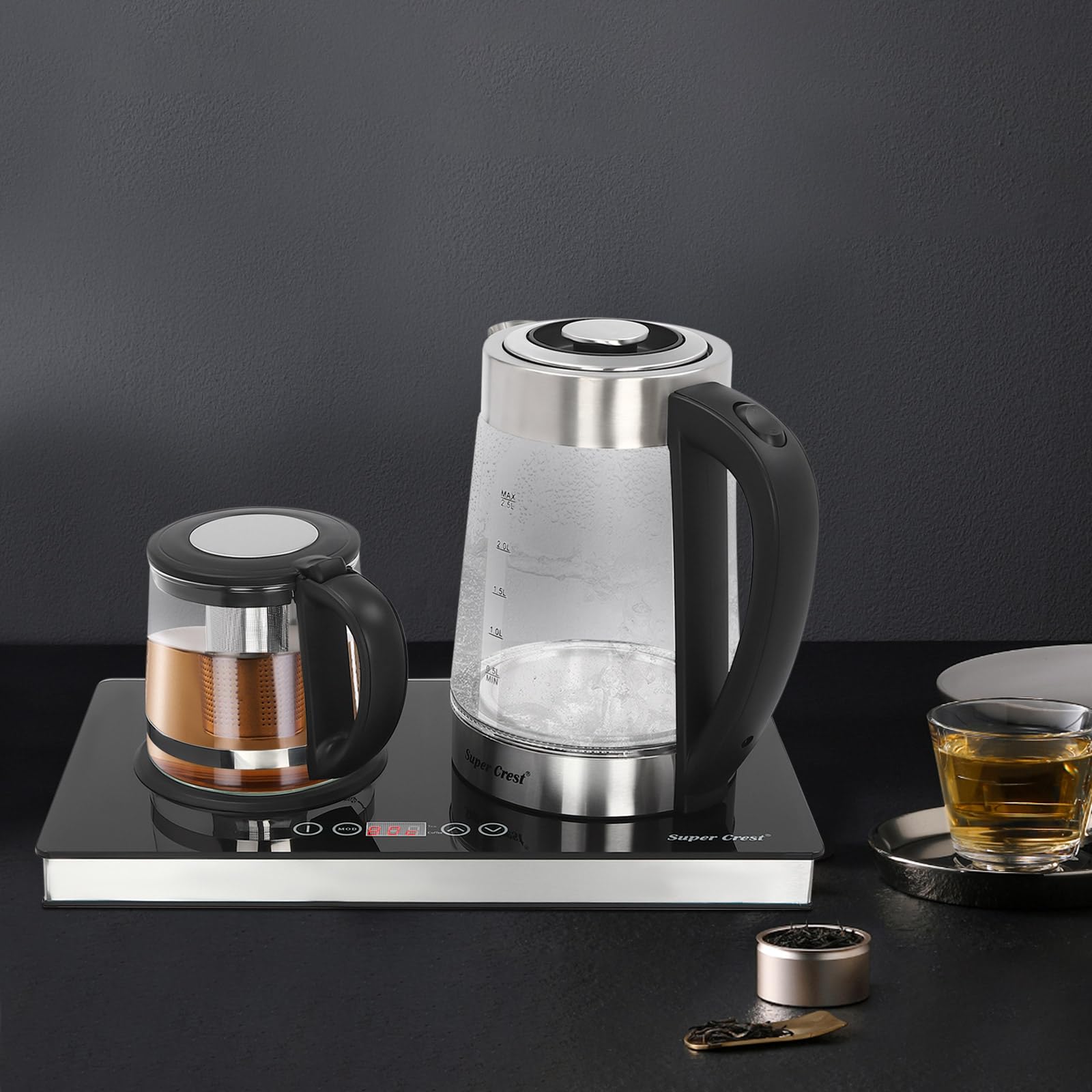 Bollitore elettrico, 2,5 l, 1000 ml, doppio fuoco, in acciaio inox, vetro e plastica, filtro display Lcd, produzione di varie bevande come caffè, tè, ufficio, hotel, appartamenti, famiglie, nero