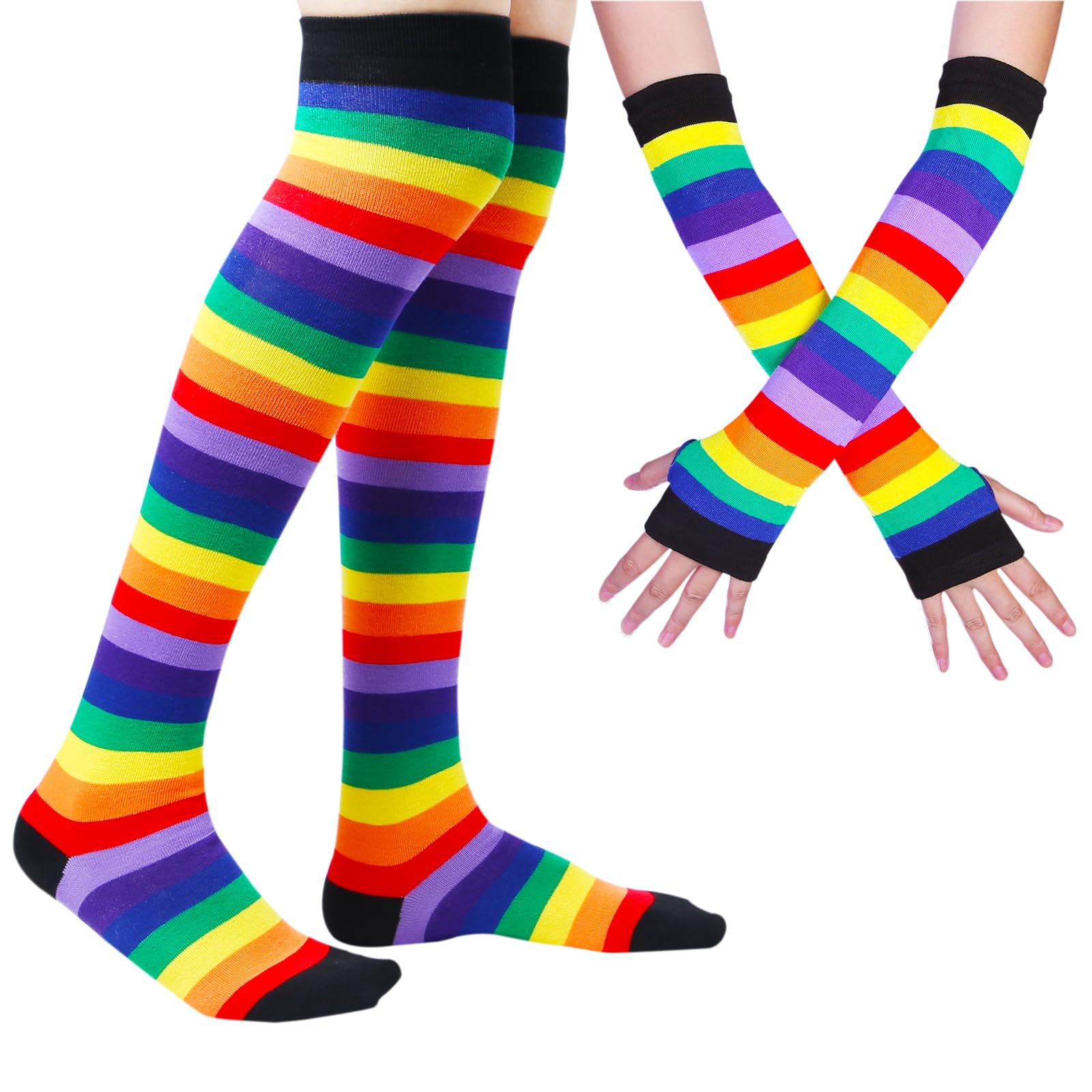 Womens Rainbow Socks Striped Knee High Socks Arm Warmer Fingerless Gloves Set