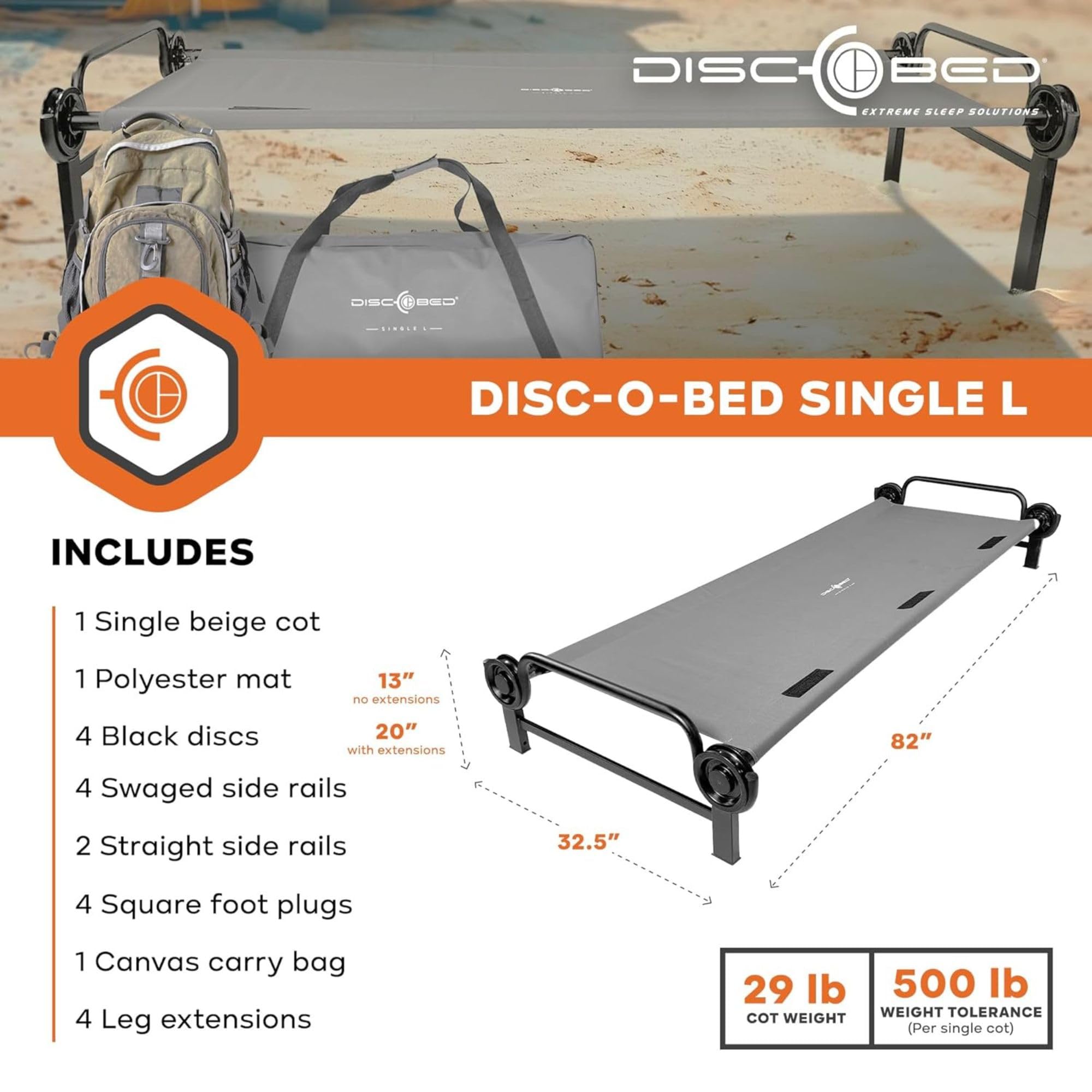 Disc-O-Bed Large Outdoor Modular 1 Person Single Camping Cot Portable Bed with 2 Height Options for Adults, Sleep Solution for Tents, Grey