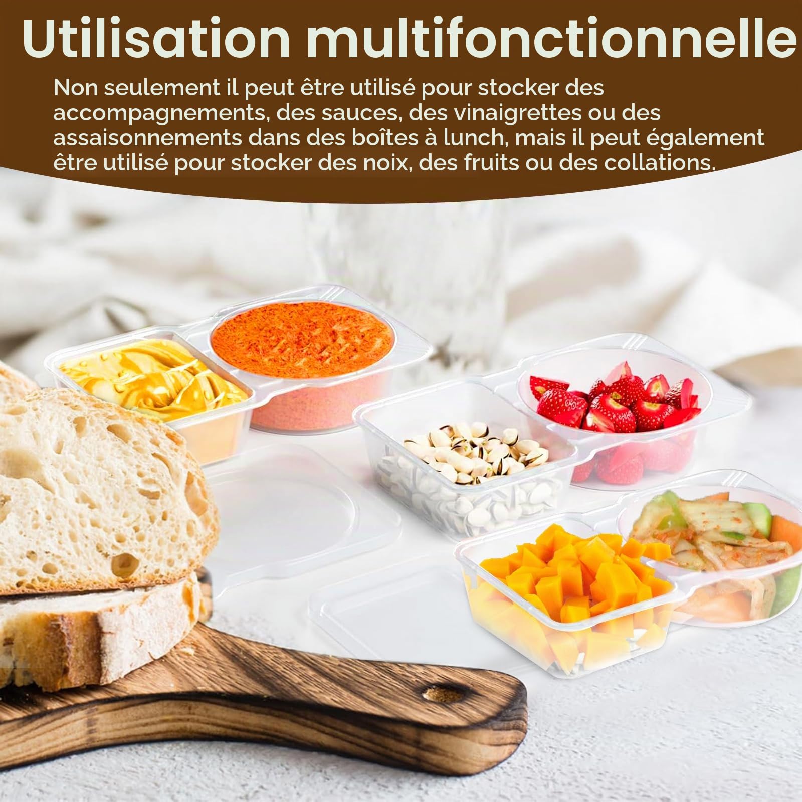 Reusable on the Go Snack Containers, Contenants Plastique avec 2 compartiments, Petits récipients à condiments Boîte à condiments à compartiments Double Compartment Condiment Container