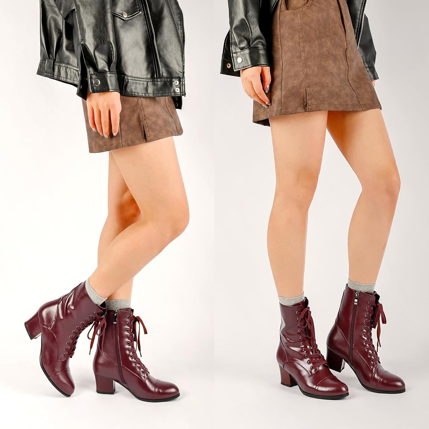 Women's Victorian Ankle Boots Lace UP Boots For Women Booties Side Zipper Block Chunky Mid Heel