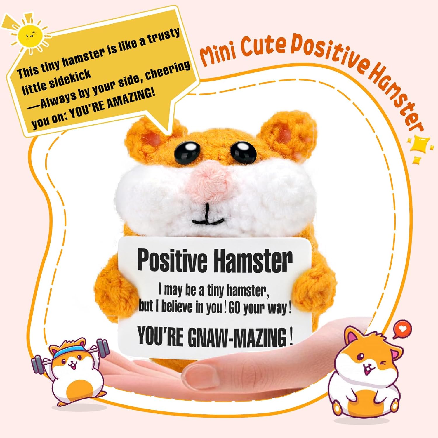 Positive Crochet Animals Handmade Hamster Plush Easter Basket Stuffers Essentials Funny Valentines Emotional Inspiration Support Gifts Birthday Gift for Teens Grils Boys Men Women Uplifting Gift