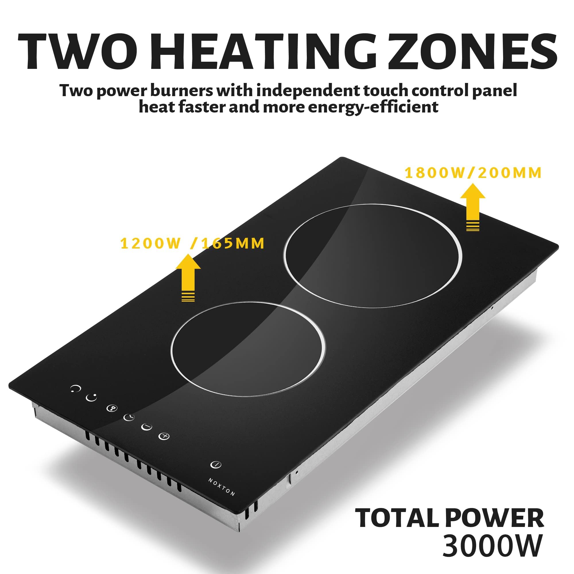 Noxton Ceramic Hob, Built-in 2 Zone Electric Hobs 29 x 52cm Noise-free Auto Shut-off Safe Lock Heat Indicator Black Glass Panel Cooktop with Touch Controls — view 3