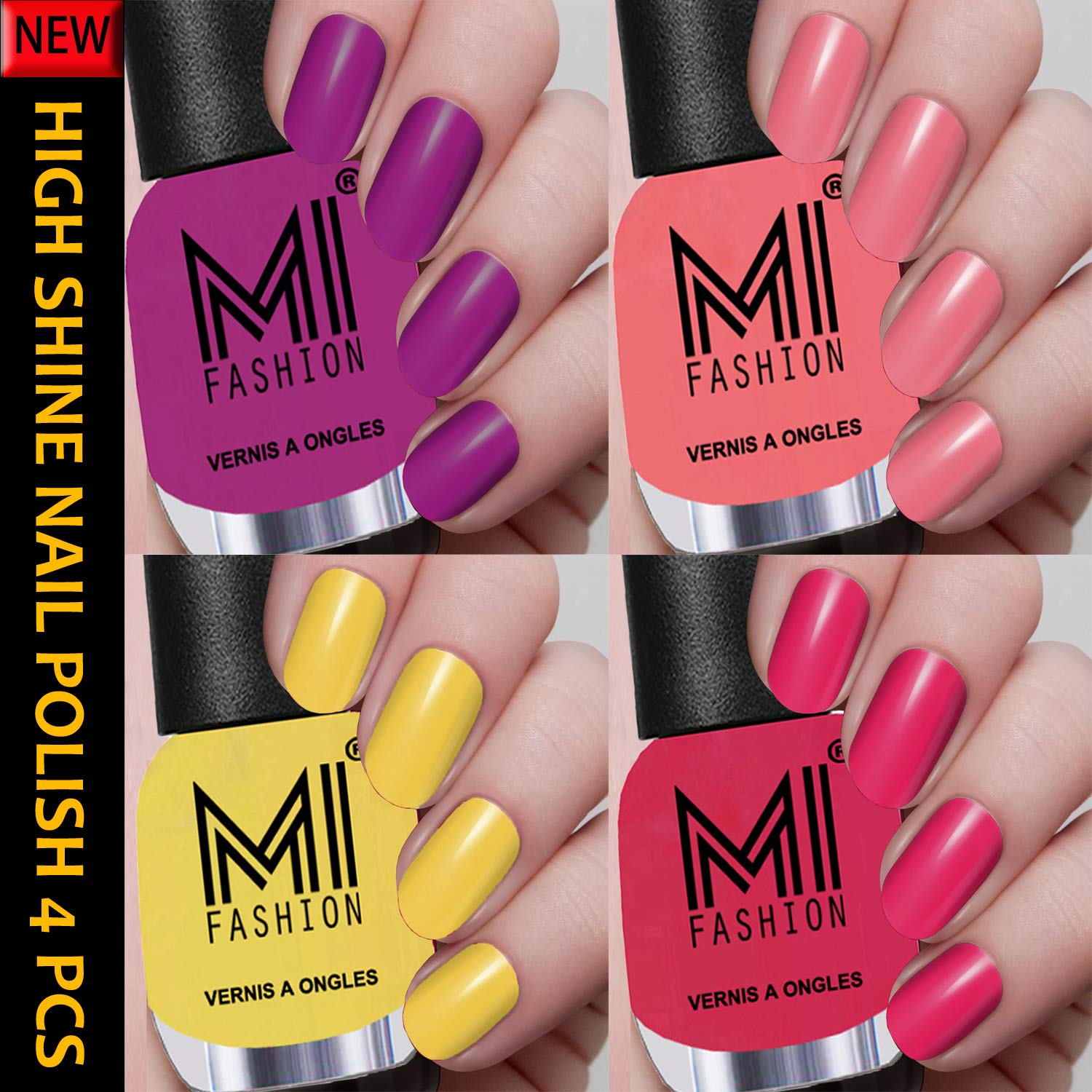 MI Fashion High Shine Long Wearing Nail Polish Combo 15ml each Plum, Pink, Yellow and Magenta